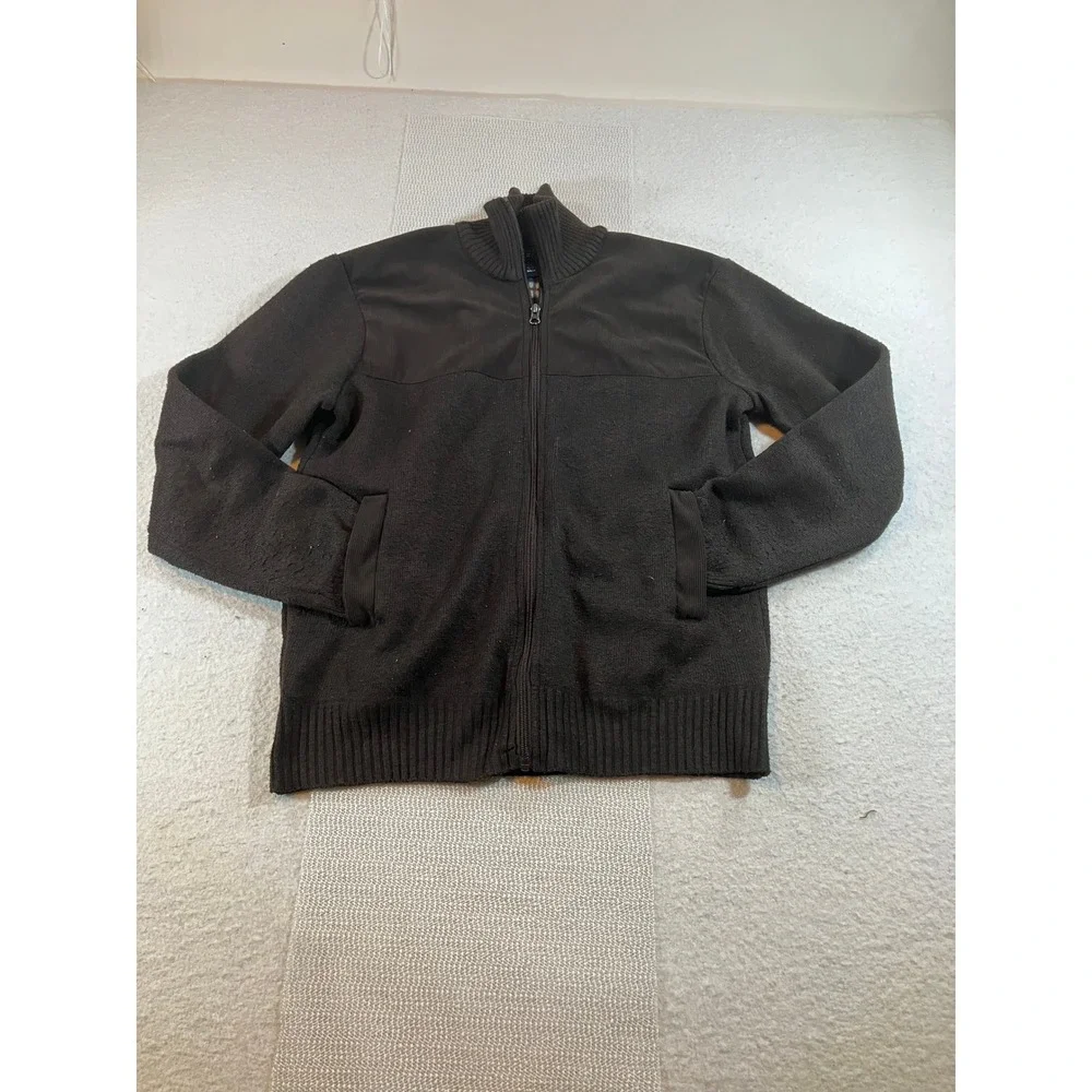 Izod Mens Fleece Lined Full Zip Knit Sweater Brown Mock Neck Size Small Jacket